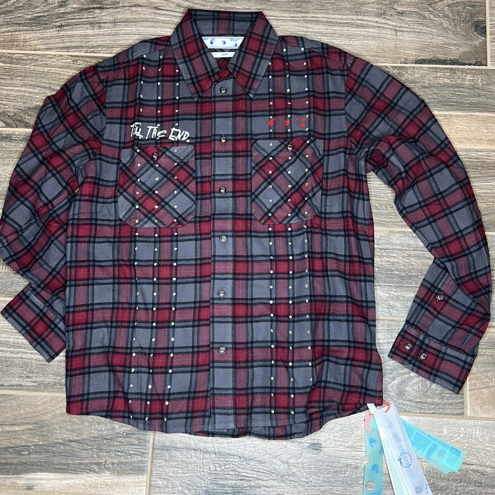 Off White Till the End Flannel Plaid Shirt with Rhinestones NWT